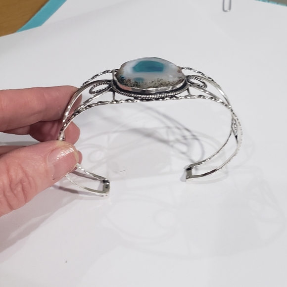 Agate Bracelet, 925 silver agate geode slice gemstone adjustable cuff bracelet - Picture 11 of 14